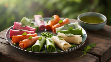 Primavera Rolls Traditional Japanese Food, Fresh vegetable salad rolls, salad roll healthy food.,  plate of colorful vegetable spring rolls on a wooden table, created with generative ai