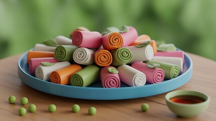 Primavera Rolls Traditional Japanese Food, Fresh vegetable salad rolls, salad roll healthy food.,  plate of colorful vegetable spring rolls on a wooden table, created with generative ai