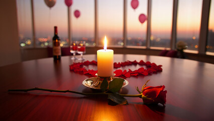 “Romantic Valentine’s Day Celebration with Heart Decorations, Balloons and Candlelight Dinner Setup”