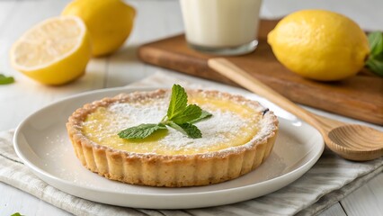 a lemon tart with a crumbly crust and a fresh mint leaf on top, placed on a white plate, dessert in plate, created with generative ai