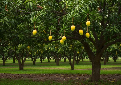 Lush Mango Orchard with Ripe Fruits, Trees and Green Grass, Healthy Tropical Fruit Garden, Nature