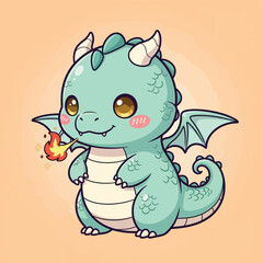Fototapeta premium A charming chibi cartoon dragon teal-colored with a cream belly smiling and breathing a small sparkling flame.