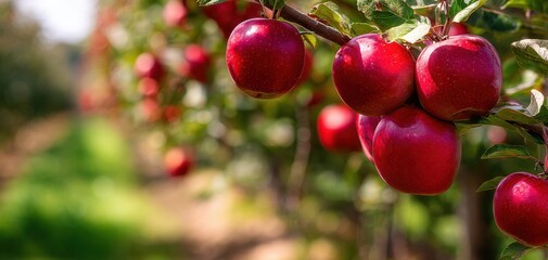 Obraz premium The vibrant red apples hanging in a lush green orchard.