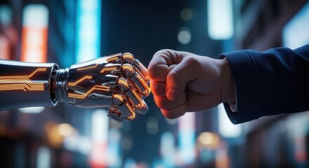 Human and robot fist bump symbolizing partnership with glowing orange circuits and neon lights