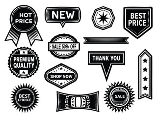 Obraz premium Collection of vintage black and white sale badges, discount labels, premium quality tags and ribbons 