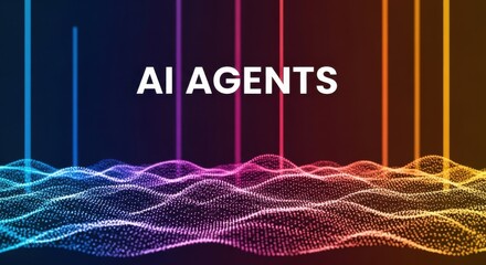 High-tech digital scene featuring colorful clusters, flowing lines, and bold AI Agents lettering