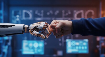 Human-robot cooperation symbolized by fist bump in futuristic lab with warm and cool lighting