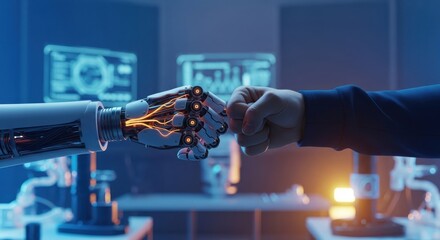 Human-robot cooperation symbolized by fist bump in futuristic lab with warm and cool lighting