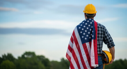 Construction worker proudly wearing american flag draped over shoulders with hard hat in hand