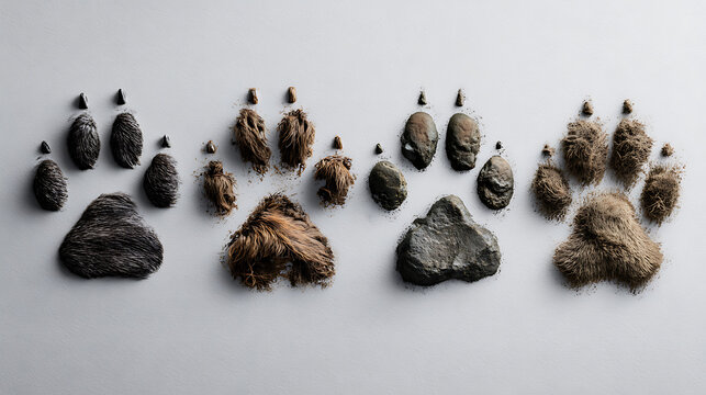 World animal day animal paw prints made of different natural materials like mud, dirt, sand, and soil