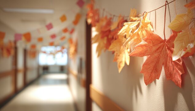 Autumn leaves decorate school hallway; fall classroom decor