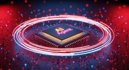 Digital neon ambiance: AI Agent chip on dark bokeh background with particles