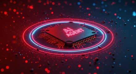 Digital neon ambiance: AI Agent chip on dark bokeh background with particles
