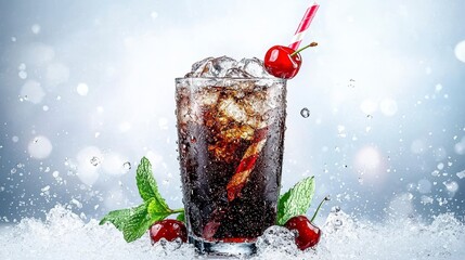 Refreshing Cherry Cola with Ice and Mint.
