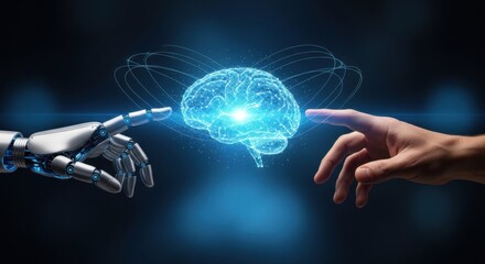Human and robotic hands reaching towards glowing holographic brain AI connection fusion