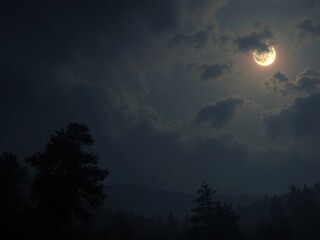 Fototapeta premium Night scene featuring a bright full moon shining through dark clouds above silhouetted trees at night