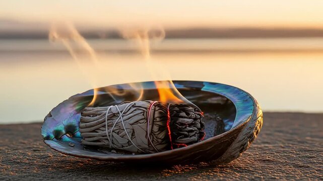 Burning Sage Smudge Stick in Abalone Shell on Sand at Sunset for Cleansing and Purification Ritual Under Warm Orange Lighting by Water