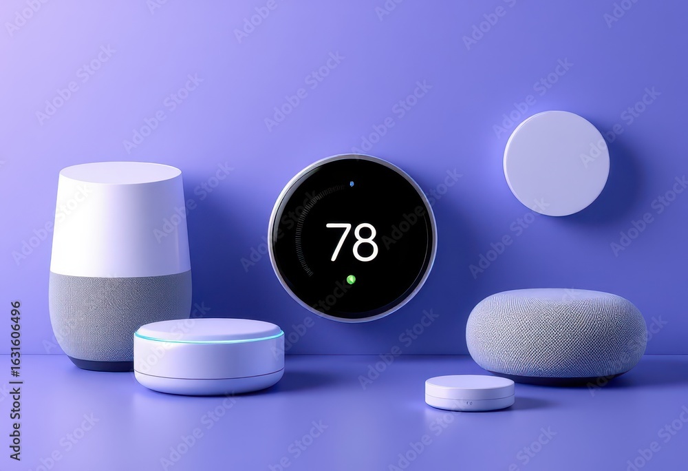 Poster array of modern smart home devices displayed on a vibrant purple background.