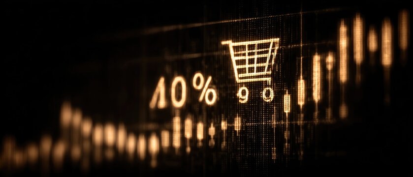 Dark graphic showing 10% discount and shopping cart icon over financial charts