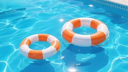 Two orange and white life preserver rings are floating peacefully on the crystal clear, sparkling blue water of a swimming pool on a sunny day.