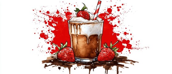 Strawberry milkshake with whipped cream and strawberries