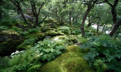 Lush mossy garden with rocks and trees