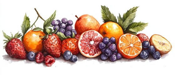 Watercolor Painting of Fresh Fruit Still Life