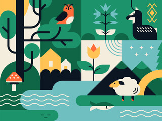 Flora and fauna - flat design style illustration