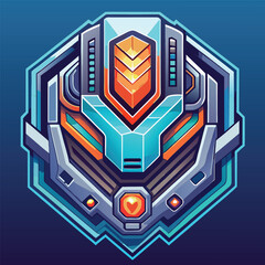 Fototapeta premium Futuristic sci fi robot head emblem with glowing orange and teal accents on dark blue background