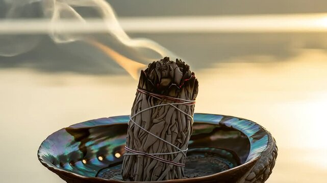 Close Up of Burning Sage Bundle with White Smoke in Abalone Shell Spiritual Cleansing Ritual and Good Vibes