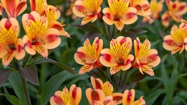Close Up of Orange Alstroemeria Lily Flowers with Black Spots and Green Leaves with a Shallow Depth of Field in Natural Light