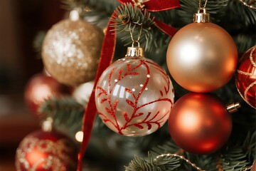 Obraz premium Festive christmas tree adorned with ornate baubles and red ribbon