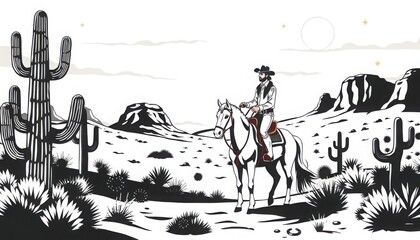 Naklejka premium A cowboy riding a horse in the desert with cacti and mountains in a black and white illustration style