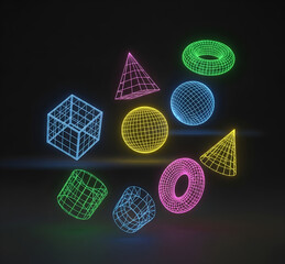"Colorful Neon Wireframe 3D Geometric Shapes on Dark Background &ndash; Abstract Digital Art Featuring Cube, Cone, Sphere, Torus, and Cylinder in Vibrant Holographic Glow"