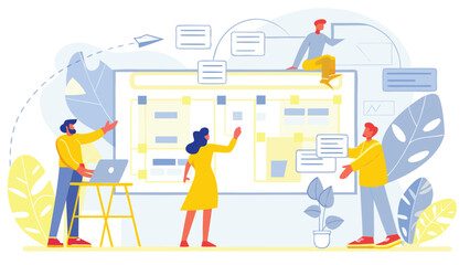 Fototapeta premium Team collaboration on a project board with sticky notes and a paper airplane flying above the board