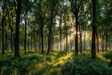 Sunlight streams through a dense forest