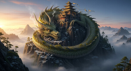Majestic Dragon Guardian: Asian Temple on Misty Mountain Peak