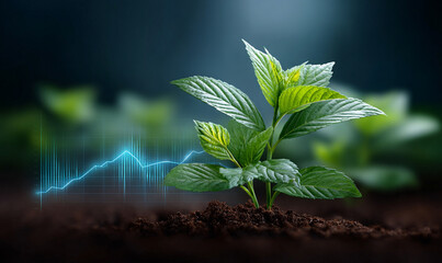 Smart Farming with AI Technology. Growing plant with data visualization representing growth and development.
