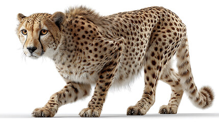 World animal day a majestic cheetah with distinctive spots walks gracefully, isolated on a clean white background