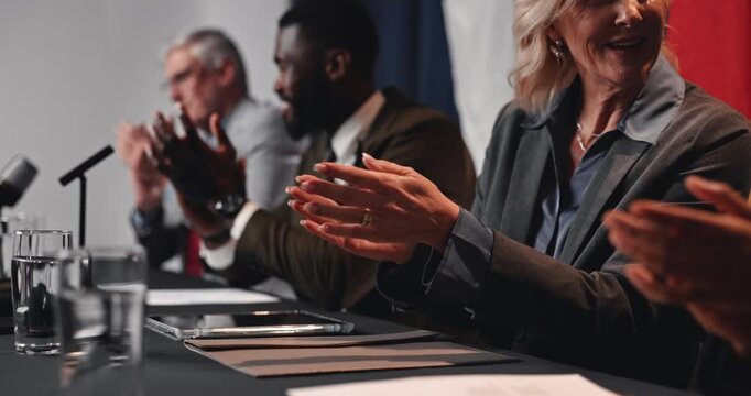 Group, politics and applause for press conference, success and economic agreement and international. Clapping, government or people with smile for global trade, flags and summit or diplomatic meeting - Powered by Adobe
