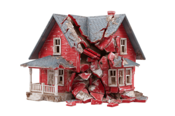 Broken red house model with cracked roof isolated on transparent background