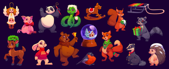 Obraz premium Cartoon Christmas animal characters. Vector festive set of fox, panda, angel, reindeer, rabbit, raccoon, bear and snake. Pig, hedgehog, squirrel with holiday props like sleigh, snow globe and gift