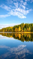 Autumn lake mirroring sky