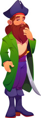 Cartoon pirate corsair character stroking beard thoughtfully. Vector sea privateer personage with calm facial expression, long red beard, sword at waist, wearing green coat, boots and tricorn hat