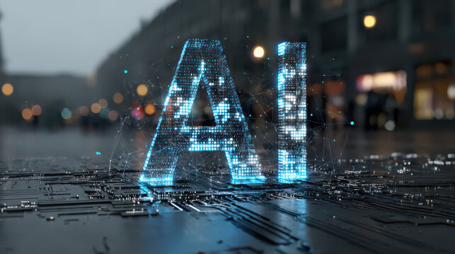 AI technology digital data analytics, futuristic cityscape background, glowing blue letters, artificial intelligence, innovation, modern urban environment, advanced computing