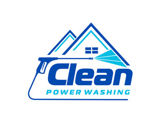 House washing and cleaning service icon or symbol. House exterior cleaning, concrete washing professional service blue vector emblem or company sign with water jet power washer and house roofs