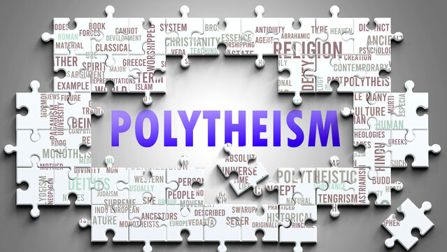 Polytheism as a complex subject, related to important topics. Pictured as a puzzle and a word cloud made of most important ideas and phrases related to polytheism. ,3d illustration