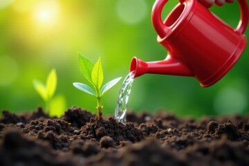 Close-up of a watering can pouring water onto thirsty plant's roots , outdoor, cultivation, growth