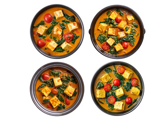 Set Indian paneer curry with spinach and tomatoes in balti dish isolated on transparent or white background