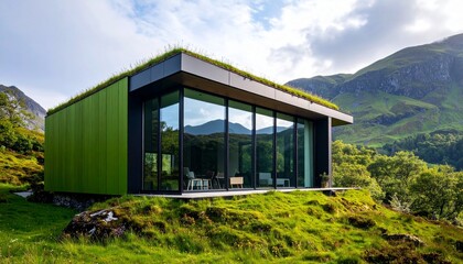 Contemporary eco-friendly house with a living green roof and panoramic windows set in a remote mountain landscape.